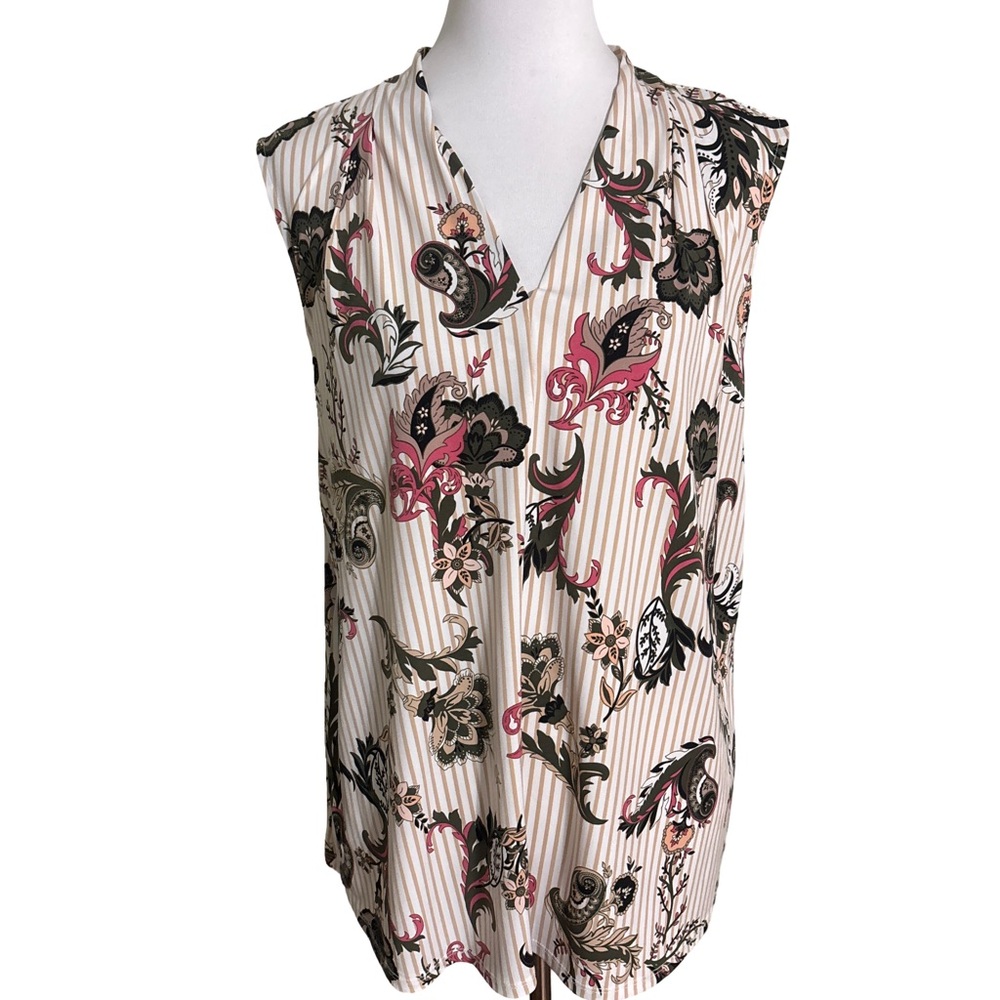 Liz Claiborne Floral V Neck Blouse Pink Black and Cream